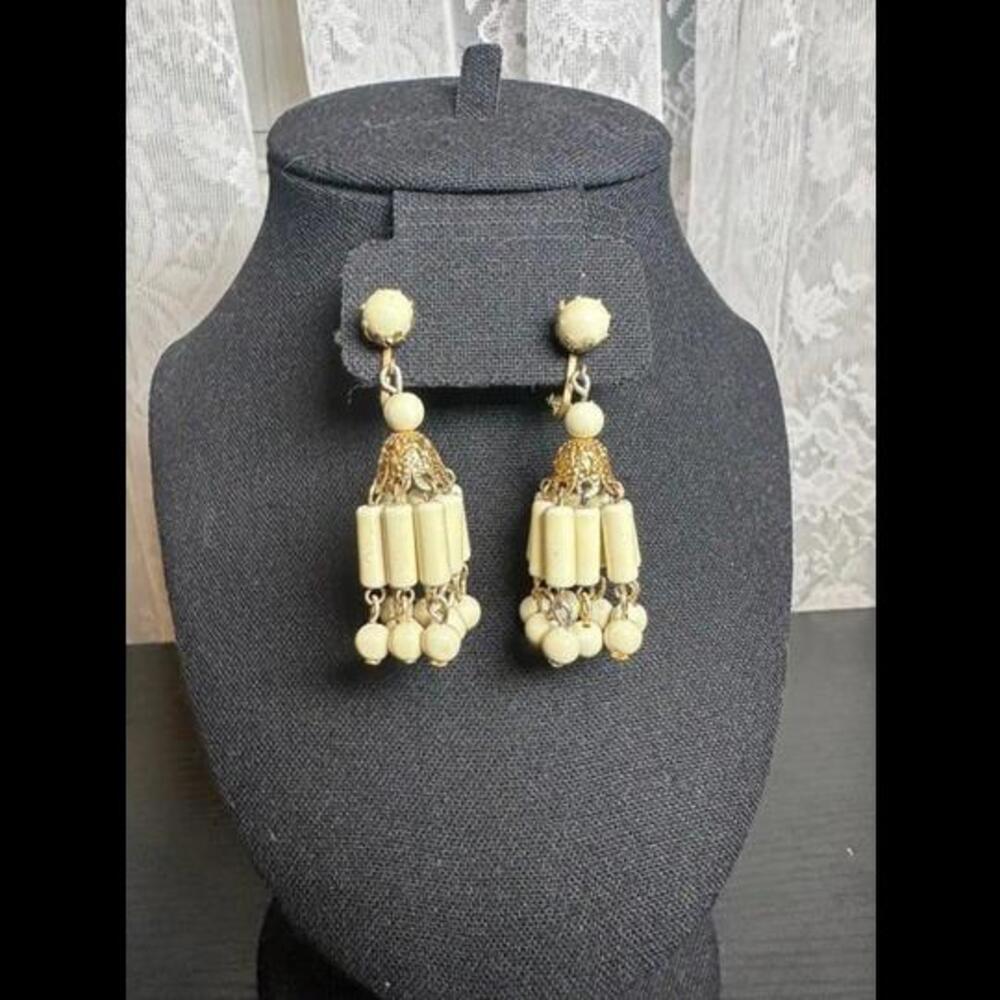 Vintage Ivory Beaded Dangle Clip-On Earrings